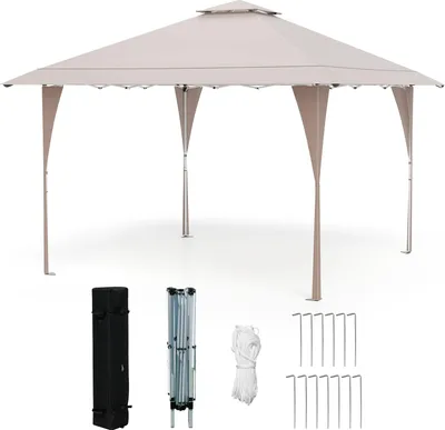 Produktbild von GOPLUS Pop-up Pavillon 4x4 m, höhenverstellbar Faltpavillon mit Doppeldach & Metallrahmen, wasserabweisend & sonnschutz Gartenpavillon, Khaki
