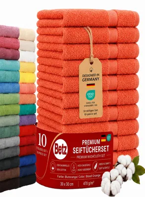 Produktbild von Betz Premium Seiftücher Set 10-teilig – 10× Seiftuch 30×30 cm, 100% Baumwolle 470 g/m², weich & saugstark, ® Farbe blutorange, KI-generiertes Bild