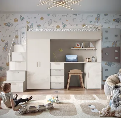 Produktbild von Etagenbett FELIX 4S, Hochglanz Kinderbett, Hochbett, OHNE Matratze und Lattenrost (Kaschmir + Weiß, Glanz)