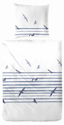 Produktbild von Hahn Renforcé Bettwäsche Maritim Baumwoll Streifen Möwen Weiß Blau 100% Baumwolle Reißverschluss Bettbezug Kissenbezug Bettzeug 135x200 cm Weiß Blau