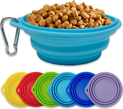 Produktbild von Silikon Napf Hunde Katze faltbar Hundenapf Reisenapf Trinknapf Wassernapf inkl. Karabinerhaken Blau Hellblau