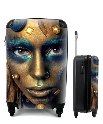 Produktbild von MuchoWow® Koffer Handgepäck Trolley Rollkoffer Kleine Reisekoffer mit 4 Rollen - Frau - Gold - Blau - Cabin Size < 55x40x23 cm & 55x40x20 cm - Fotokoffer - Kabinenkoffer - Boardgepäck - Reise-Box - Reisekoffer - Reisegepäck - Koffer mit Bild - Trolley für Kinder