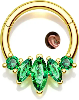 Zdjęcie produktu dla Piercing do przegrody nosowej typu "clicker", rozmiar 16G, długość 8mm, z motywem lotosu i zielonym kamieniem CZ, idealny do przegrody nosowej, chrząstki (helix) i piercingu Daith