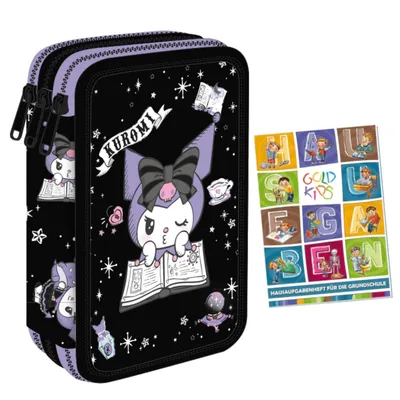 Produktbild von Federmäppchen 3 Fächer - Mäppchen für Mädchen - Federmappe 3-Fach Federtasche Gefüllte Schüleretui Schulmäppchen und Hausaufgabenheft - Kuromi Motiv