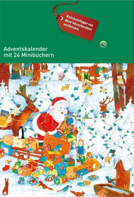 A festive winter scene with Santa Claus, reindeer, and many gifts, suggesting a Christmas advent calendar.
