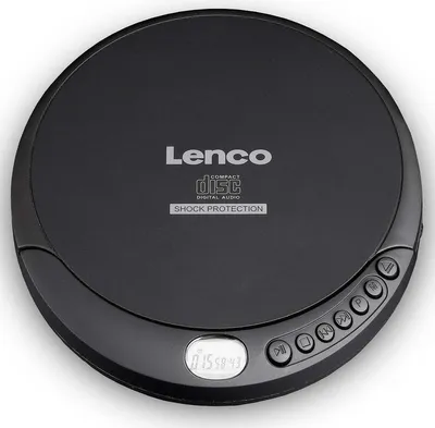 A black Lenco portable CD player is shown from a top-down perspective against a white background.