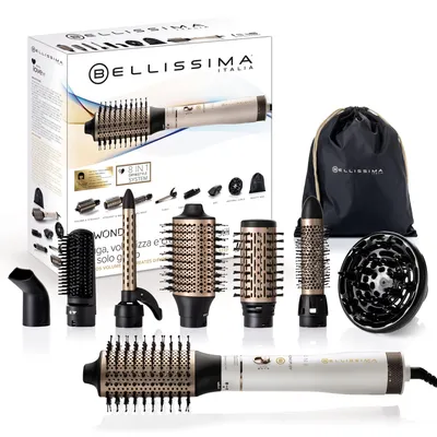 Obrázek produktu pro Bellissima Air Wonder 8 in 1, Kartáč na horký vzduch, Teplé, Mokré vlasy, Zlato, Bílá, Keramický, Plast, Poutko k zavěšení