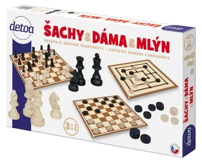 Obrázek produktu pro Šachy,dáma, mlýn dřevěné figurky a kameny společenská hra v krabici 35x23x4cm