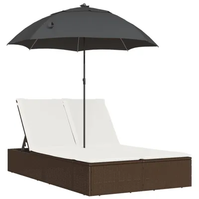 Produktbild von vidaXL Doppel-Sonnenliege mit Kissen & Sonnenschirm Braun Poly Rattan