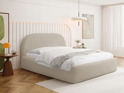 Produktbild von Polsterbett 180 x 200 cm mit Bettkasten & Metall-Lattenrost – Modernes Doppelbett mit hohem Kopfteil – Bettgestell mit Stauraum, ohne Matratze – Beige Boucle