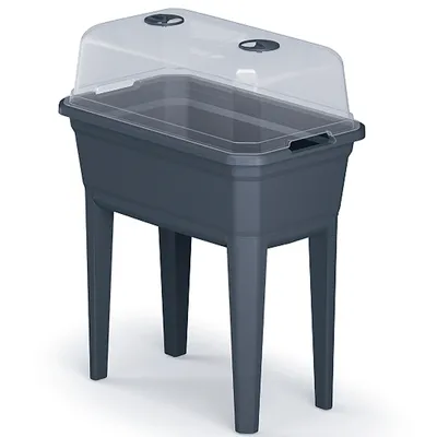 A dark gray raised garden bed with a clear plastic lid, shown on a white background.