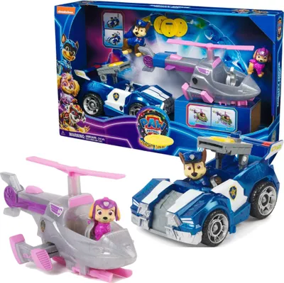 A toy playset featuring Paw Patrol characters and vehicles, shown both in its packaging and as individual items.