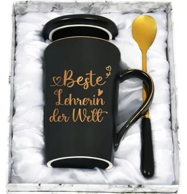 Zdjęcie produktu dla Kubek na kawę, prezent dla nauczycielki, 400 ml, czarny, ceramiczny, z łyżeczką i pokrywką