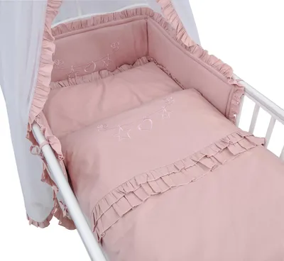 Produktbild von Baby Delux Baby Bettwäsche Bettset 4-tlg Bettausstattung Nestchen Himmel mit Stickerei Royal Rosa Rüsche