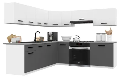 Obrázek produktu pro Belini Moderní kuchyňská linka ITALIA 7 – kuchyňský nábytek 420 cm, bílá-šedá matná – vestavěná kuchyně se závěsnými skříňkami, spodními skříňkami a pracovními deskami