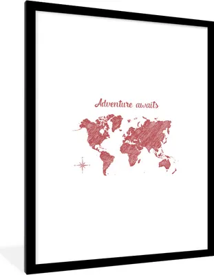 Produktbild von MuchoWow® Gerahmtes Poster Weltkarte - Zitate - Rot 60x80 cm - Poster mit Schwarzem Bilderrahmen Wandposter Rahmen Foto Bilder - Wohnzimmer - Dekorationen - Prämie