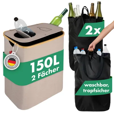 Produktbild von Blumtal Pflandflaschen Sammelbehälter 150L mit 2 Fächern - Bambus Pfandflaschen Organizer mit Flaschensammler Leergut - Pfandflaschen Behälter - Beige