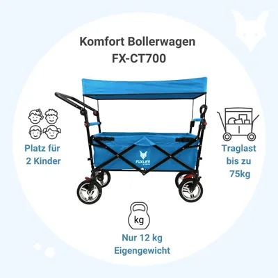 Produktbild von FUXLIFE by FUXTEC Bollerwagen faltbar FX-CT700 Türkis  klappbarer Handwagen für Ausflug & Alltag  gepolsterter Sitzbereich  mit Feststellbremsen Türkis