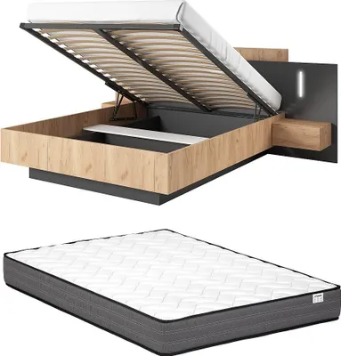 Produktbild von Bett mit Kommode und Nachttischen 160 x 200 cm - 2 Schubladen - Mit LED-Beleuchtung - Farben: Natur und Anthrazit + Matratze - FRANCOLI