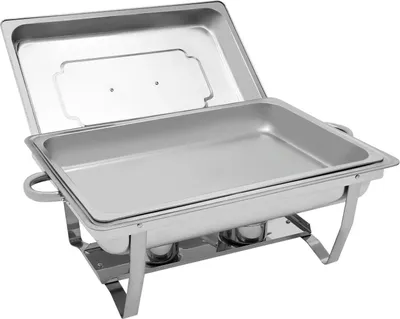 Obrázek produktu pro Ohřívač bufetových pokrmů – Chafing Dish – 9 l – skládací – jedna vložka – nerezová ocel – pro 6+ osob – stříbrný