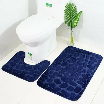 Produktbild von Badematten Set 2-teiliges, Badegarnitur, WC Vorleger, Badvorleger, Badeteppich, antirutsch beschichtet, extra stark saugfähig （Blau）