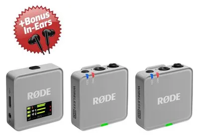 Zdjęcie produktu dla System mikrofonów bezprzewodowych Rode Wireless GO Gen 3 w kolorze szarym „Stone” + słuchawki douszne w prezencie