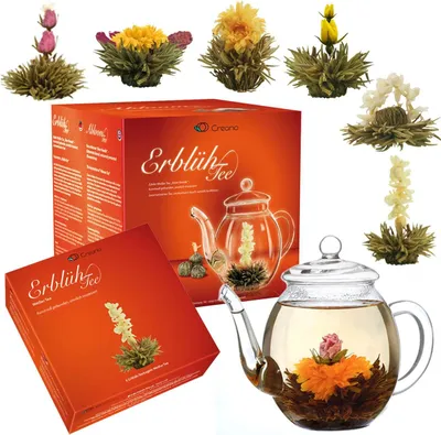 Produktbild von Creano Teeblumen Mix - Geschenkset "ErblühTee" mit Glaskanne Weißtee (6 verschiedene Sorten)