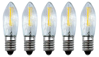 Produktbild von 5 Stück: LED Filament Topkerzen 24V 0,2W E10 – Ersatzkerzen für Schwibbogen & Lichterkette mit 10 Brennstellen, Riffelkerze Spitzkerze Warmweiß Weihnachtsbeleuchtung