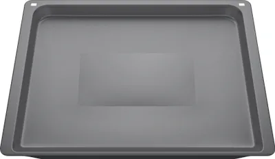 A top-down view of a gray baking tray.
