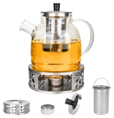 Teekanne aus Borosilikatglas 1,5 l mit Filter und Stövchen