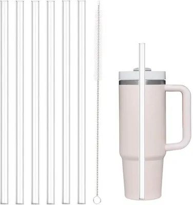 Image de Pailles transparentes pour tasses - 6 pièces - Accessoires pour tasses - Compatibles avec les tasses de 40/30 oz - avec 1 brosse de nettoyage - 30 cm
