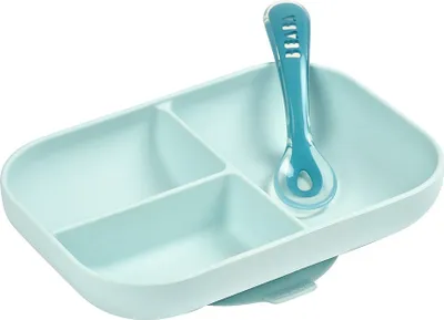 Produktbild von Geteilter Silikonteller + Löffel 2. Altersstufe - blau