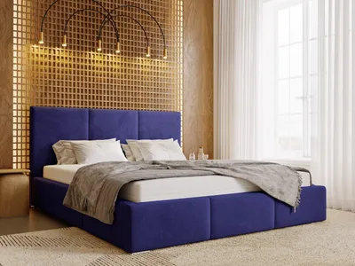 Obrázek produktu pro Čalouněná postel GRAINGOLD 200x200 cm Lincoln - polyesterová tkanina, postelový box, lamelový rošt - Stylová manželská postel - modrá (Magic velvet 2216)