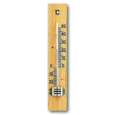 A wooden thermometer with a scale marked in Celsius.