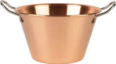 A copper pot with two handles on a white background.