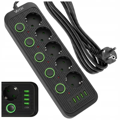 Produktbild von Vayox Steckdosenleiste 5-Fach Schuko 3m Schwarz | Einzeln Schaltbar Mehrfachsteckdose 4x USB-A 1x USB-C 2.1A | 2500W Mehrfachstecker Schuko