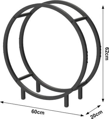 A black metal firewood rack with dimensions indicated.