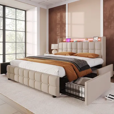 A beige upholstered bed with storage drawers and LED lighting in a bedroom setting.