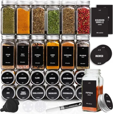 Produktbild von 24er -Set Gewürzgläser mit Schraubkappe -  Verschiedene Streuer-Aufsätze, Trichter, Bürste, Etiketten & Kreidestift - 120 ml, 10,5 x 4,3cm - DECO HAUS