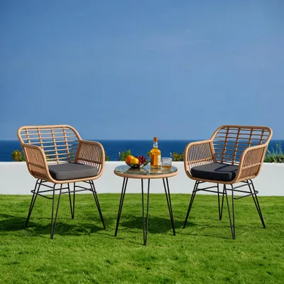 Produktbild von Polyrattan Balkonmöbel Set 3-teilig, Gartenmöbel, Glastisch & 2 Stühlen, wetterfest, UV-beständig, rostfrei, Terrasse