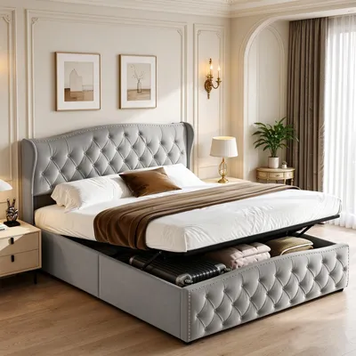 Immagine prodotto di Letto imbottito INONEFT, 140x200 cm, con rete a doghe e testiera, imbottitura con borchie, letto a molle con sistema di sollevamento idraulico e spazio contenitore, rivestito in velluto, colore grigio, senza materasso