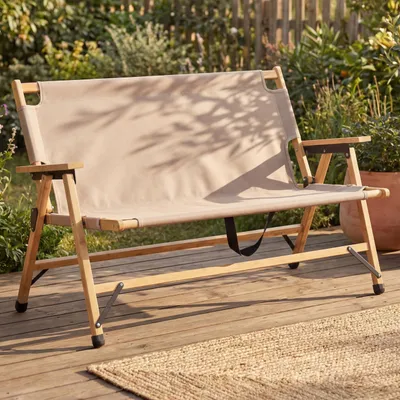 Produktbild von Bambus Campingbank MCW-Q40, Outdoorbank Picknickbank Gartenbank, klappbar Tragegriff Stoff/Textil 117cm  creme