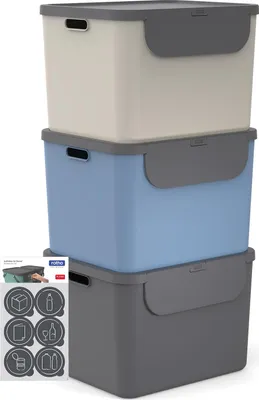 Produktbild von Rotho 3er-Set Mülltrennsystem je 55L Albula – Mülleimer mit Frontklappe – Abfalleimer 40,0 x 48,9 x 34,0 cm – Müllbehälter mit Deckel und Griffen – inkl. Aufkleber