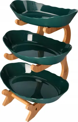 Imagen del producto de Soporte de bambú de 3 niveles con recipientes para frutas y snacks. Color verde botella. Dimensiones: 35 x 26 x 21 cm