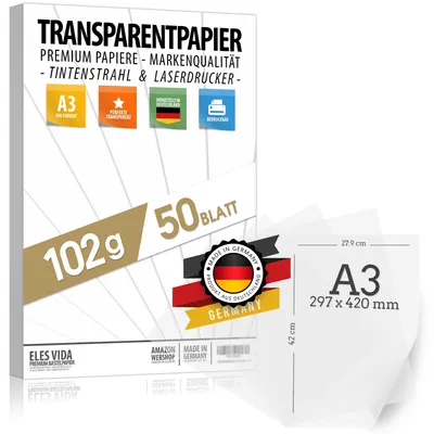 Transparentpapier 50 Blatt, DIN A3, 102 g/m², bedruckbar, Bastelpapier