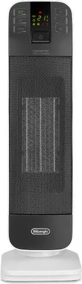 A black and white De'Longhi ceramic fan heater with a digital display and remote control, shown on a white base against a white background.