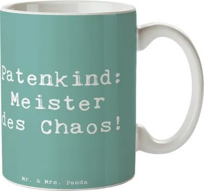 Produktbild von Mr. & Mrs. Panda Teetasse Spruch Patenkind Chaosmeister - Meeresbrise - Geschenk, persönliche Erinnerungen, Patenschaft, Verwandte, Tasse, Becher, Fürsorge, Kaffeetasse