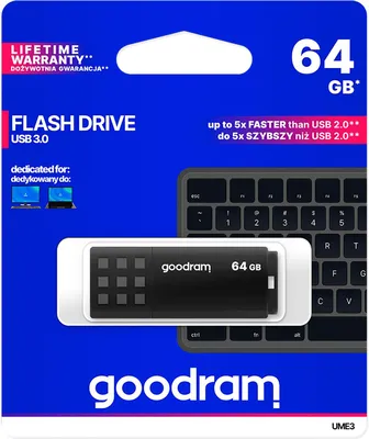 Obrázok produktu pre Goodram UME3, 64 GB, USB Typ-A, 3.2 Gen 1 (3.1 Gen 1), 60 MB/s, Čiapky, Čierna