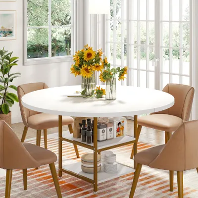Produktbild von Tribesigns Runder Esstisch für 4 Personen, 120 x 75 cm, Holzküchentisch Großer Esstisch mit Regal für Esszimmer Wohnzimmer, Weißgold(Nur Tabelle)
