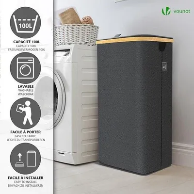 Image de Panier à linge pliable 100 L - Avec couvercle et sac à linge amovible - Panier à linge gris étroit
